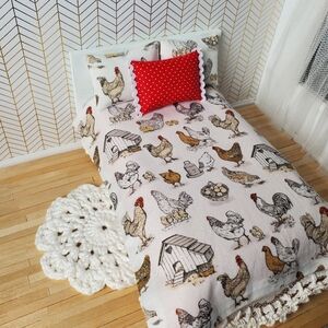 Farmhouse Chicken Print Bedding Set Miniature Dollhouse 1:12 Scale